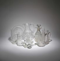 A COLLECTION OF GLASSWARE MAINLY 19TH CENTURY to include: an Irish glass tray or coaster, a pair