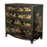 A BLACK JAPANNED CHEST EARLY 19TH CENTURY AND LATER all over decorated in gilt with Chinoiserie