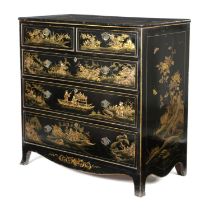 A BLACK JAPANNED CHEST EARLY 19TH CENTURY AND LATER all over decorated in gilt with Chinoiserie