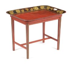 A REGENCY RED TÔLE PEINTE TRAY TABLE EARLY 19TH CENTURY AND LATER painted with a band of flowers and
