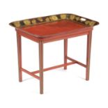 A REGENCY RED TÔLE PEINTE TRAY TABLE EARLY 19TH CENTURY AND LATER painted with a band of flowers and