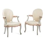 A PAIR OF GEORGE III PAINTED ARMCHAIRS 18TH CENTURY AND LATER each with a padded back, armrests