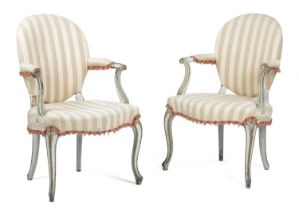 A PAIR OF GEORGE III PAINTED ARMCHAIRS 18TH CENTURY AND LATER each with a padded back, armrests