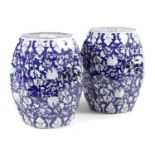 A PAIR OF ENGLISH POTTERY BLUE AND WHITE GARDEN SEATS IN CHINESE STYLE, 19TH CENTURY of octagonal