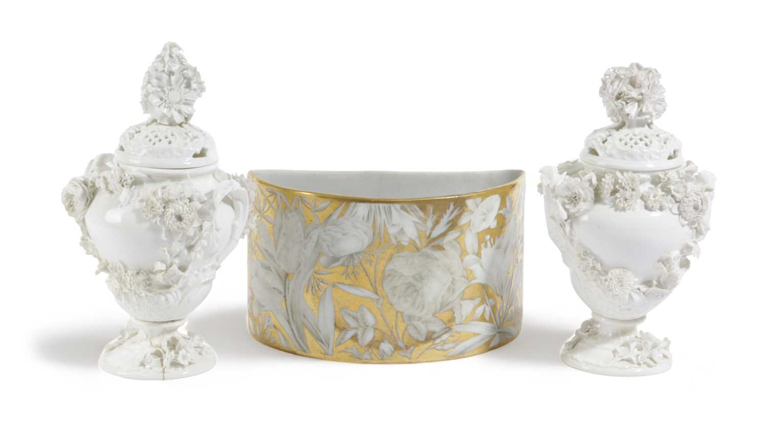 A PAIR OF MINTON PORCELAIN POT POURRI VASES AND COVERS 19TH CENTURY of baluster form, left in the