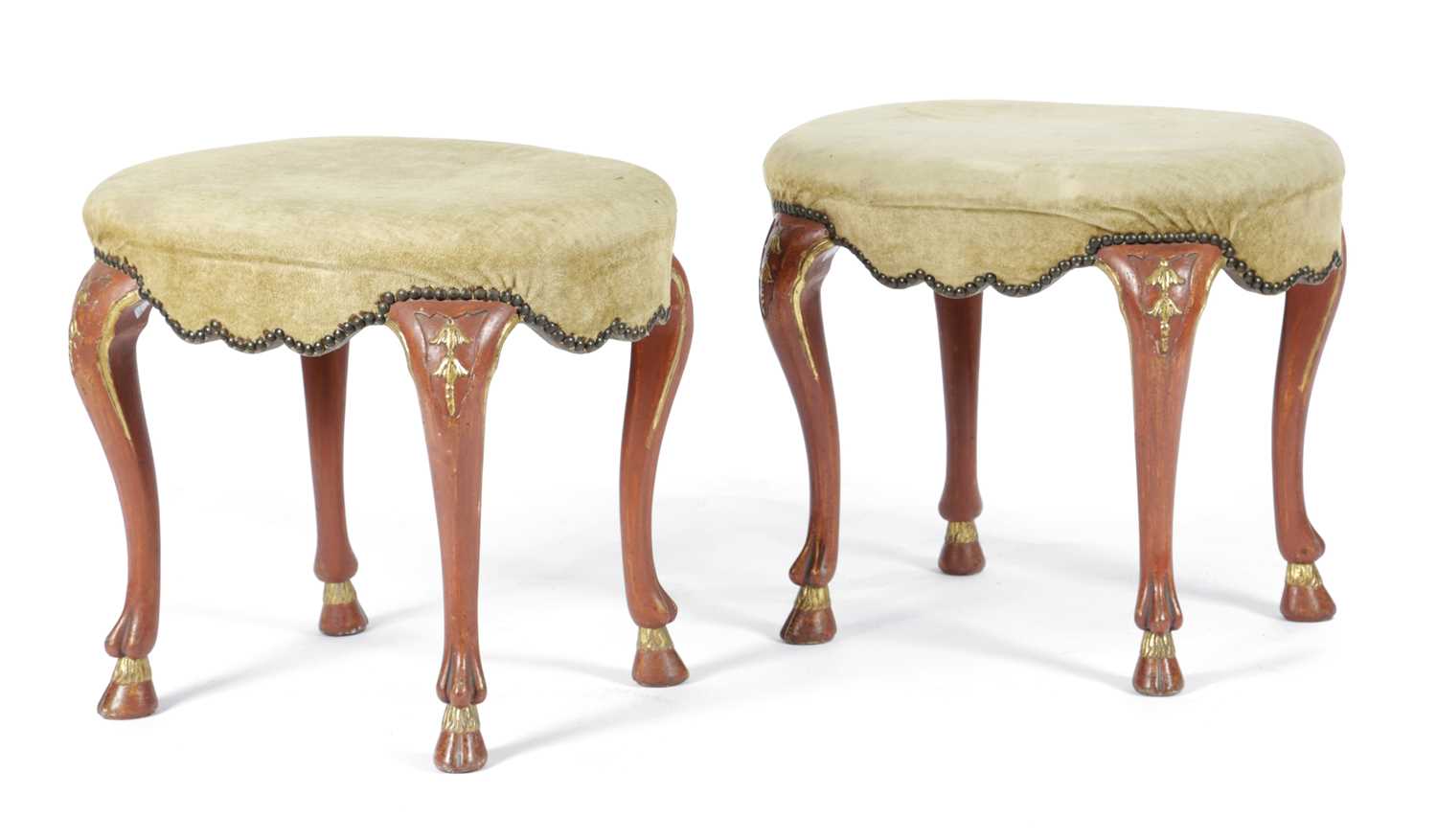 A PAIR OF ITALIAN RED PAINTED OVAL STOOLS IN ROCOCO FLORENTINE STYLE, 20TH CENTURY with parcel