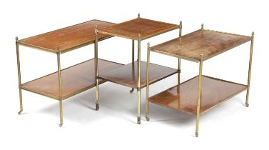 THREE MAHOGANY AND BRASS TWO TIER OCCASIONAL TABLES 20TH CENTURY one with satinwood banding, all