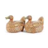 A PAIR OF ITALIAN PORCELAIN MANDARIN DUCK BOXES AND COVERS BY MOTTAHEDEH, 20TH CENTURY inscribed '