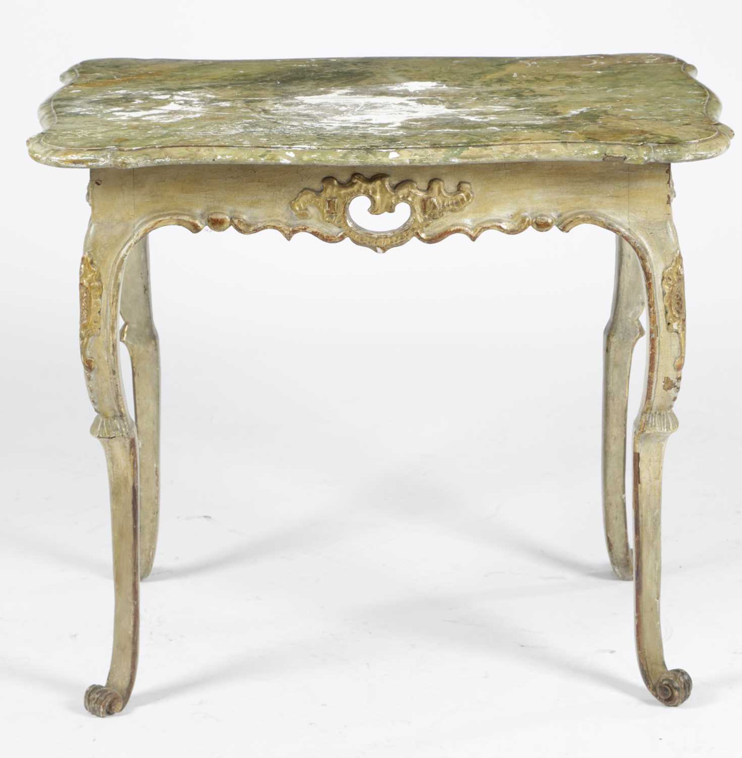 AN ITALIAN PAINTED AND PARCEL GILT SIDE TABLE VENETIAN, 18TH CENTURY AND LATER with a faux marble - Image 4 of 4