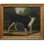 ENGLISH SCHOOL EARLY 19TH CENTURY Portrait of a spaniel standing in a park with a country house