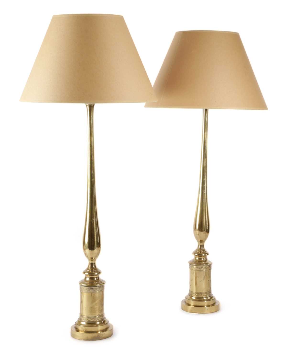 A PAIR OF BRASS TABLE LAMPS IN REGENCY STYLE, 20TH CENTURY each of classical form with a long