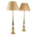 A PAIR OF BRASS TABLE LAMPS IN REGENCY STYLE, 20TH CENTURY each of classical form with a long