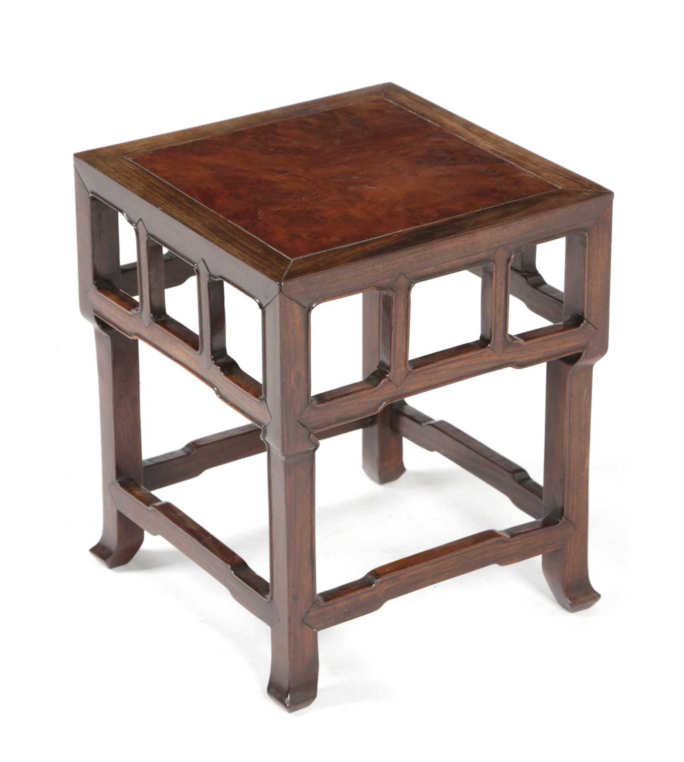 A CHINESE PADOUK STAND OR OCCASIONAL TABLE 19TH CENTURY of square section, the top inset with an