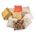 A COLLECTION OF CUSHIONS the covers in a variety of fabrics including a printed chinoiserie design