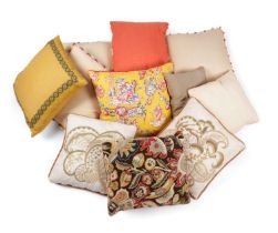 A COLLECTION OF CUSHIONS the covers in a variety of fabrics including a printed chinoiserie design