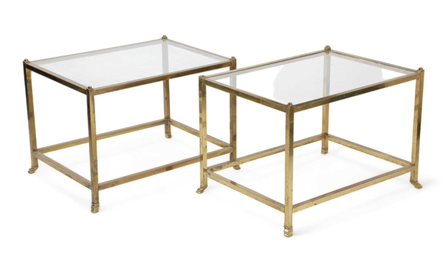 A PAIR OF BRASS COFFEE TABLES C.1960-70 each with a glass top (2) 47cm high, 68.7cm wide, 51cm