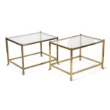 A PAIR OF BRASS COFFEE TABLES C.1960-70 each with a glass top (2) 47cm high, 68.7cm wide, 51cm