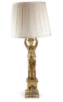 A FRENCH EMPIRE GILT LEAD AND TÔLE FIGURAL LAMP EARLY 19TH CENTURY in the form of a classical maiden