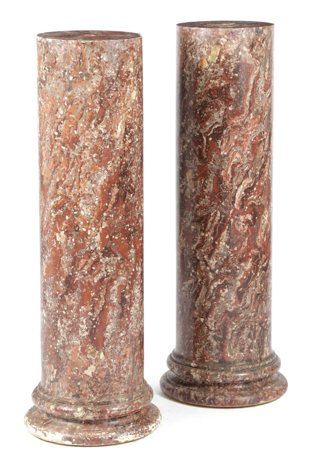 A PAIR OF ITALIAN FAUX MARBLE SCAGLIOLA COLUMNS 19TH CENTURY each of cylindrical form (2) 102.8cm