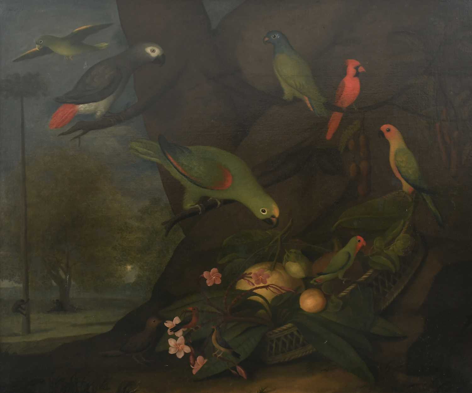 DUTCH-COLONIAL SCHOOL 18TH CENTURY Exotic birds, fruit, flowers and nuts in a landscape with a man - Image 2 of 4