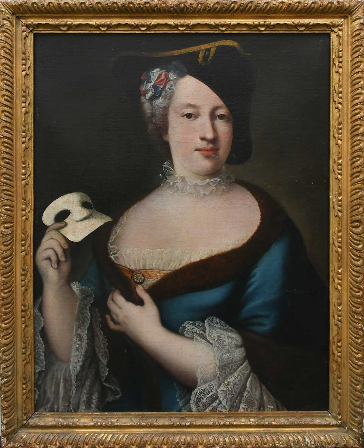 VENETIAN SCHOOL 18TH CENTURY Portrait of a lady, half-length, holding a black mask and wearing a - Image 5 of 10