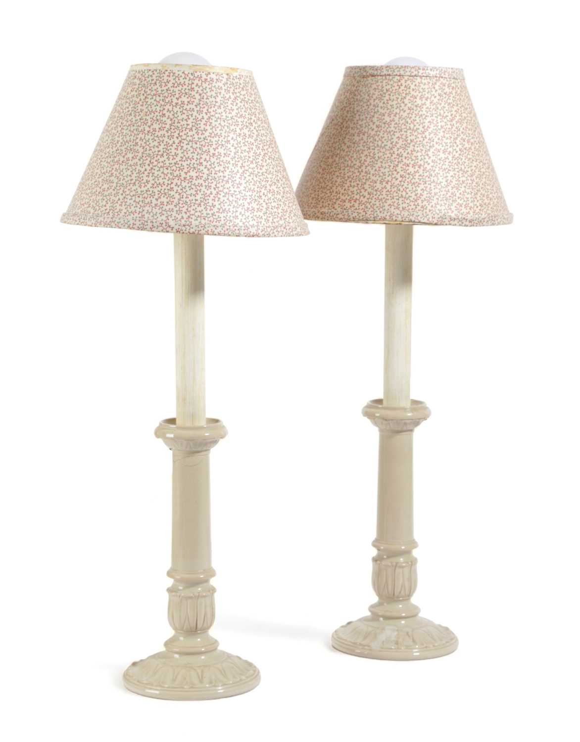 A PAIR OF CERAMIC CANDLESTICK TABLE LAMPS 20TH CENTURY each with a tapering stem above a stiff