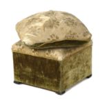 AN ITALIAN OTTOMAN STOOL 20TH CENTURY covered in distressed silk velvet damask on ebonised feet 48cm