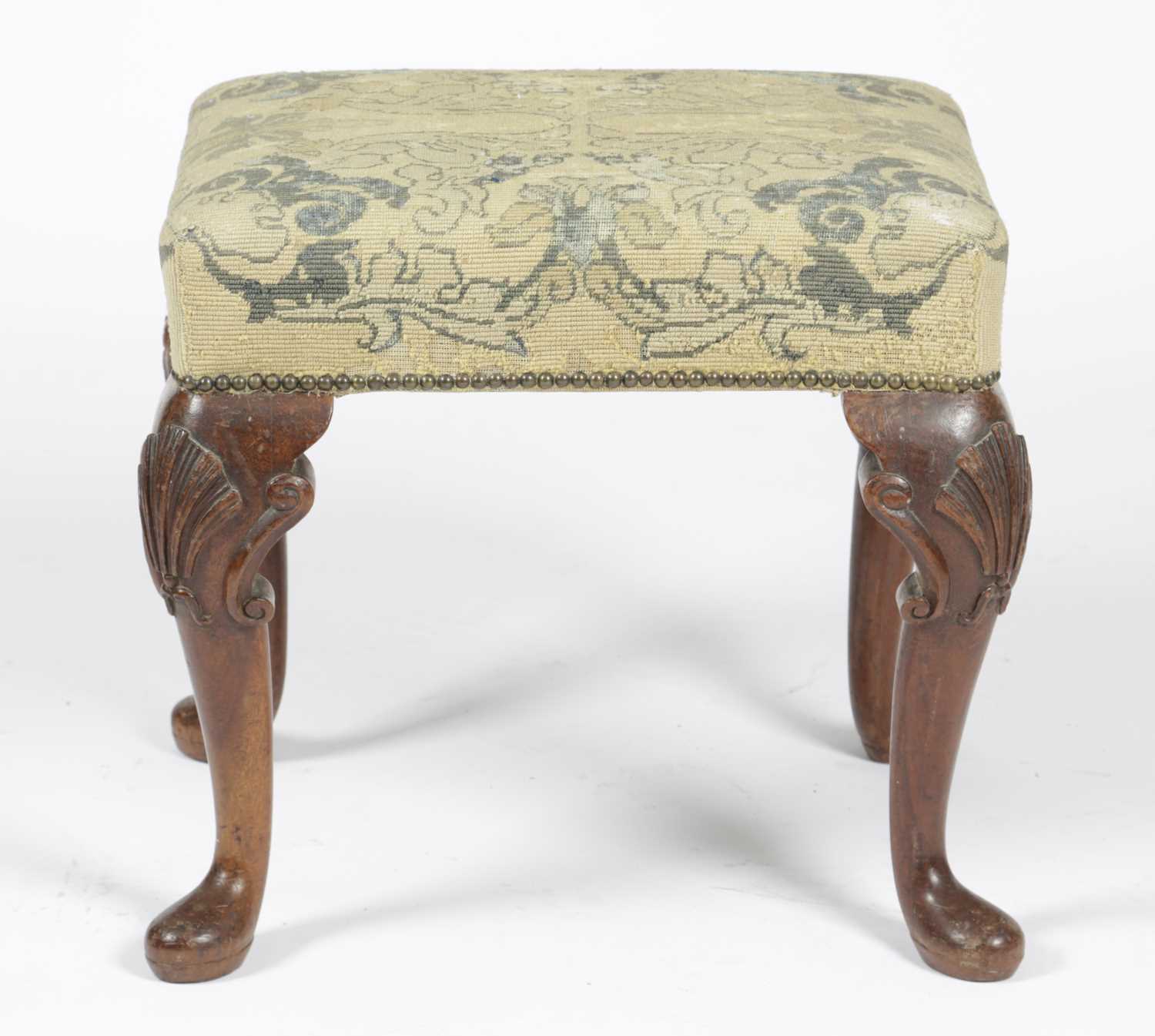 A SCOTTISH WALNUT STOOL IN GEORGE II STYLE, 19TH CENTURY the needlework seat above shell capped - Image 2 of 2