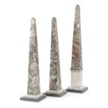 A GARNITURE OF ITALIAN MARBLE GRAND TOUR OBELISKS MID-19TH CENTURY the pink and grey marble obelisks