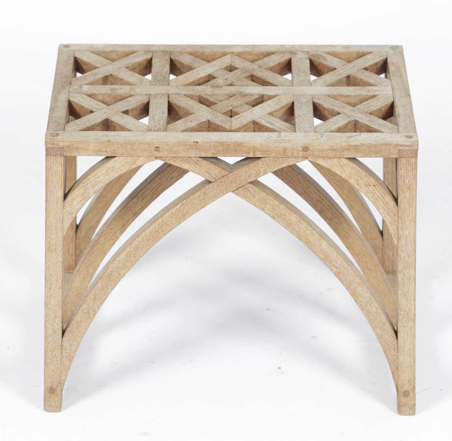 AN ARTS AND CRAFTS OAK STOOL EARLY 20TH CENTURY the interlaced top on arched Gothic supports 35. - Image 3 of 3