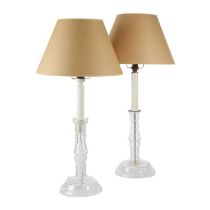 A NEAR PAIR OF GLASS CANDLESTICK TABLE LAMPS ATTRIBUTED TO COLEFAX & FOWLER, C.1960 each with a faux