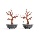 A RARE PAIR OF CHINESE LACQUERED WOOD FAUX 'CORAL' GROUPS 19TH CENTURY each in the form of a blue