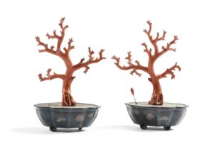 A RARE PAIR OF CHINESE LACQUERED WOOD FAUX 'CORAL' GROUPS 19TH CENTURY each in the form of a blue