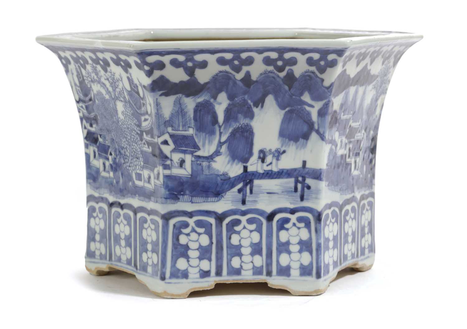 A CHINESE PORCELAIN BLUE AND WHITE JARDINIÈRE 19TH CENTURY of hexagonal form, painted with a