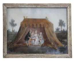 A FRENCH REVERSE GLASS PAINTING LATE 18TH / EARLY 19TH CENTURY depicting four figures taking coffee,