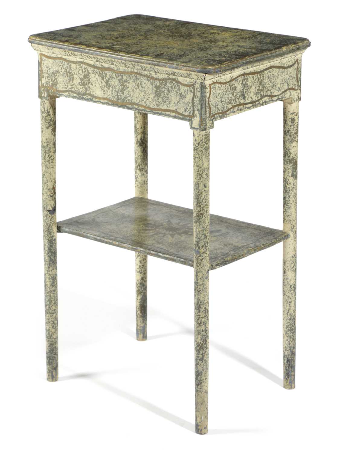 A PAINTED TWO TIER TABLE EARLY 20TH CENTURY AND LATER with faux marble and gilt decoration 72.9cm