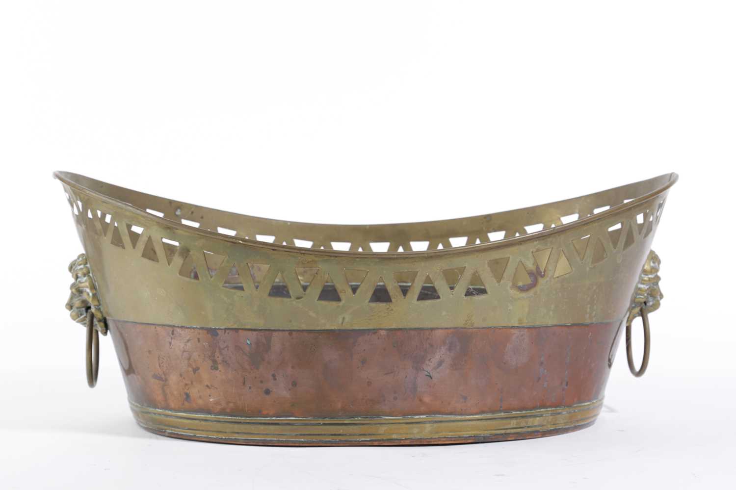 A DUTCH BRASS AND COPPER JARDINIERE LATE 19TH CENTURY of navette shape, with a pierced rim and - Image 2 of 2