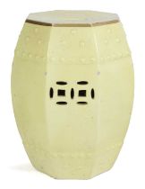 A CHINESE PORCELAIN LEMON YELLOW COLOURED GARDEN SEAT MID-20TH CENTURY of octagonal barrel form,