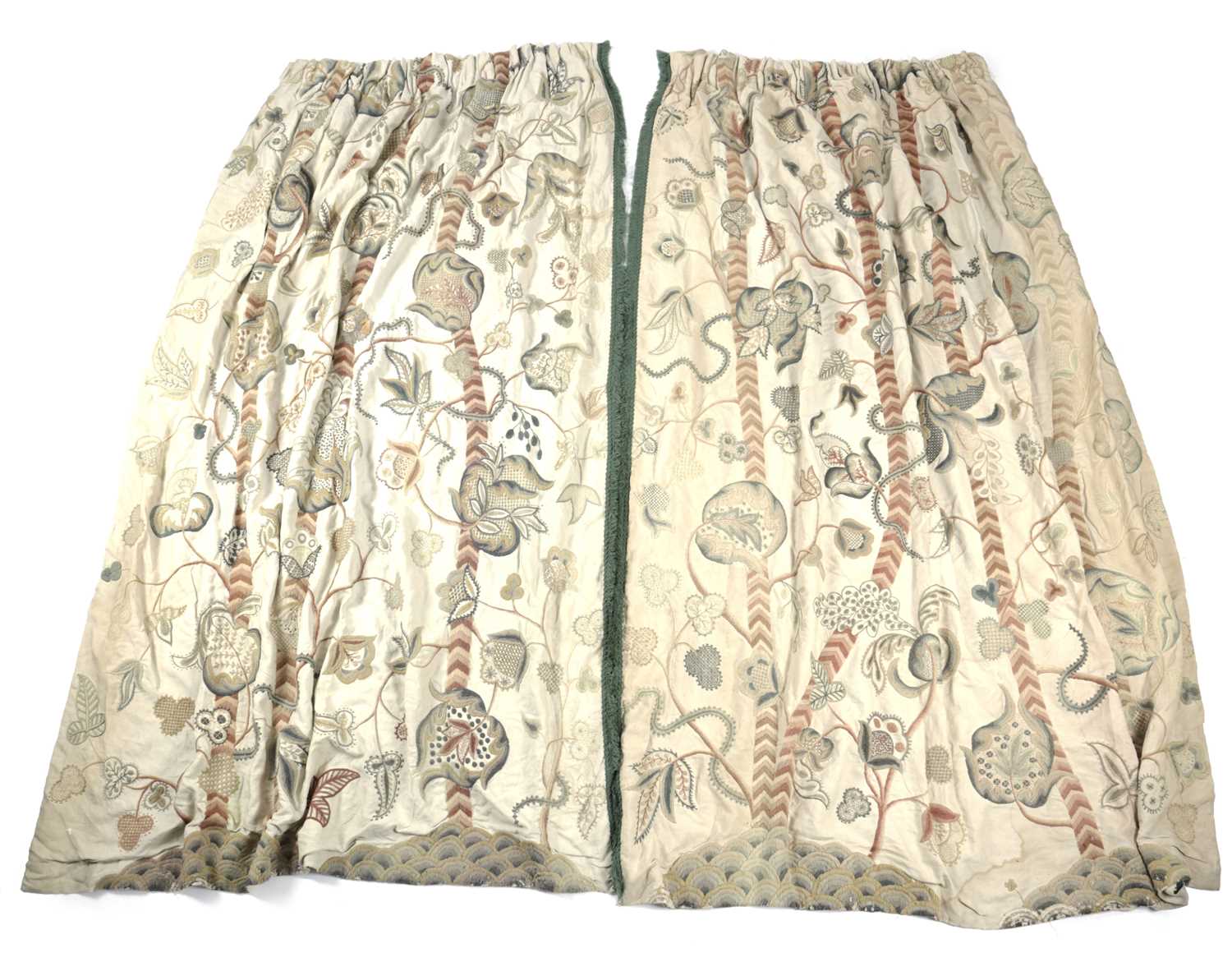 TWO PAIRS OF CREWEL WORK CURTAINS FIRST HALF 20TH CENTURY worked in wool with trees, birds, - Image 3 of 5