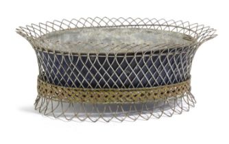 A WIREWORK PLANTER 19TH CENTURY of oval form, with a tôle liner 16cm high, 41cm wide, 30.5cm wide