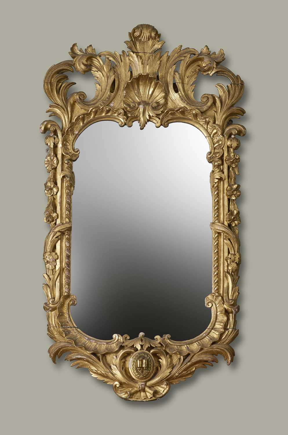 A GEORGE II SCOTTISH GILTWOOD GIRANDOLE WALL MIRROR C.1755 the later plate within a frame carved