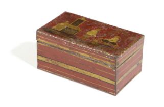 A RARE REGENCY RED JAPANNED TÔLE CHEMICAL MATCH BOX BY S. JONES, C.1810 the hinged lid chinoiserie