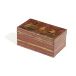 A RARE REGENCY RED JAPANNED TÔLE CHEMICAL MATCH BOX BY S. JONES, C.1810 the hinged lid chinoiserie