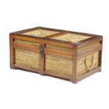 AN ANGLO-INDIAN TEAK AND RATTAN PICNIC HAMPER EARLY 20TH CENTURY the interior with a lift-out basket