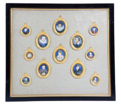 A FRAMED SET OF TWELVE PORTRAIT MINIATURES AFTER HILLIARD, HOLBEIN AND OTHERS, EARLY 20TH CENTURY
