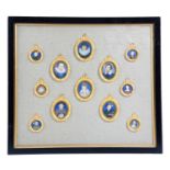 A FRAMED SET OF TWELVE PORTRAIT MINIATURES AFTER HILLIARD, HOLBEIN AND OTHERS, EARLY 20TH CENTURY