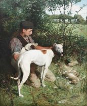 Φ JOHN EDWIN NOBLE (1876-1961) A young man with a lurcher and a terrier in a landscape Signed and