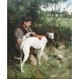 Φ JOHN EDWIN NOBLE (1876-1961) A young man with a lurcher and a terrier in a landscape Signed and