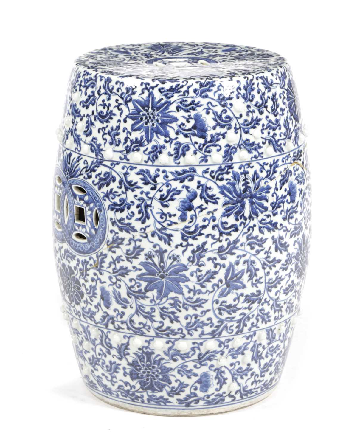A CHINESE PORCELAIN BLUE AND WHITE GARDEN SEAT 19TH CENTURY of barrel form, with pierced and moulded