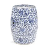A CHINESE PORCELAIN BLUE AND WHITE GARDEN SEAT 19TH CENTURY of barrel form, with pierced and moulded